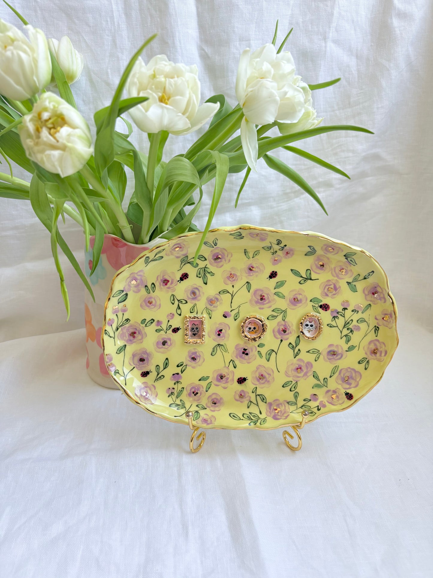 Heart full of Roses Gallery Plate 💐 💛 🐱 ✨Gold Lustre Item ✨